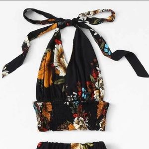 Navy blue and red floral halter crop top